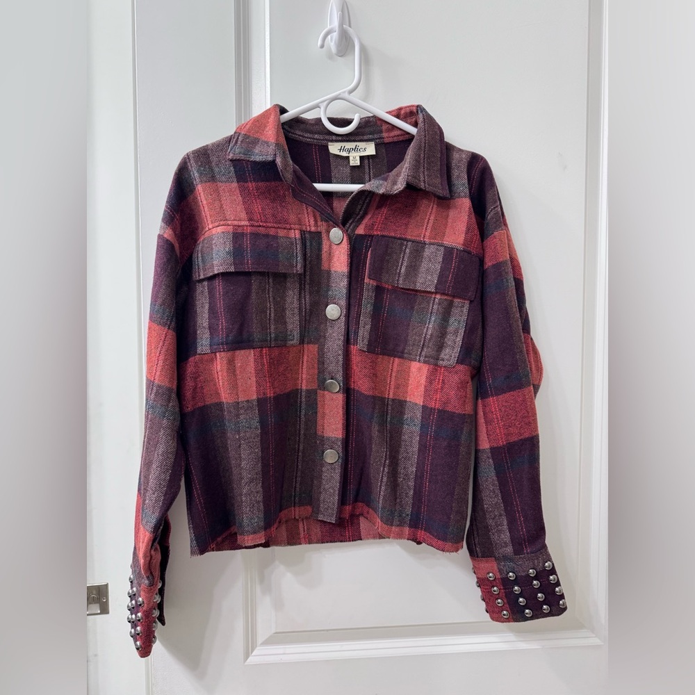Haptics By Holly Harper Plaid Button Down Jacket with Studded cuffs